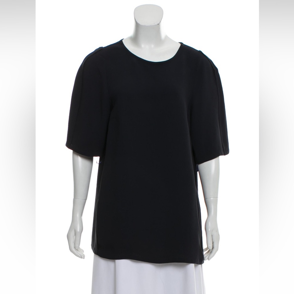 Stella McCartney Blouse, short sleeve, crew neck, back button closures, NAVY, 8